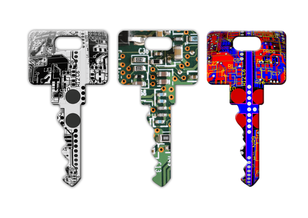 Image of 3 keys printed with circuit boards - SSL